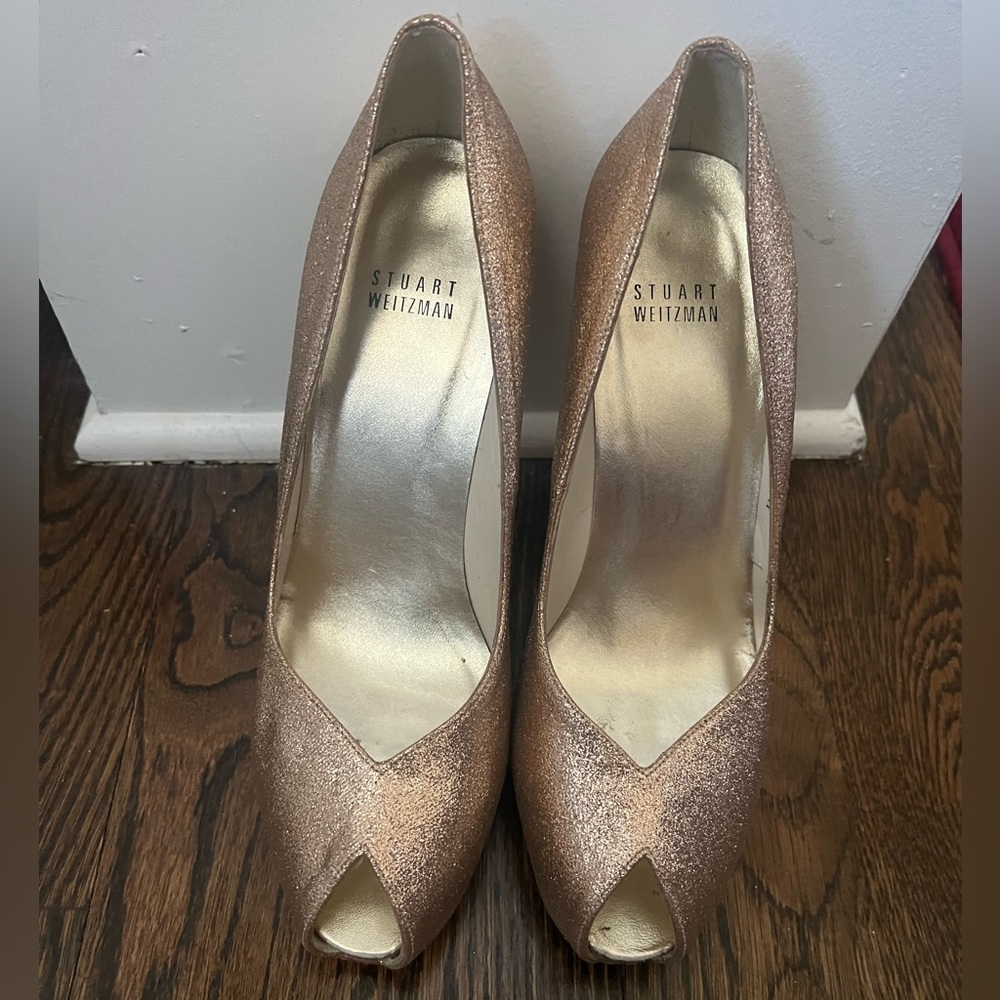 Stuart Weitzman Sparkle Peep-Toe Pumps in -Gold - Picture 3 of 15
